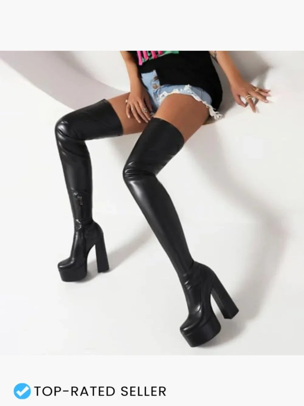 Thigh High Over-the-Knee Boots Faux Leather Stretch Block Heel Y2K Fashion